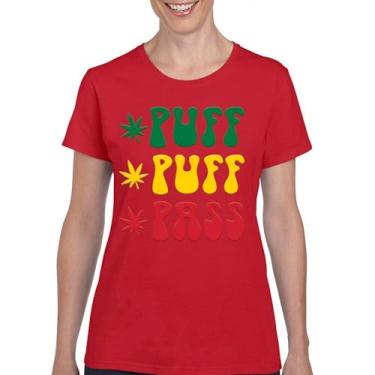 Imagem de Camiseta Puff Puff Pass 420 Weed Lover Pot Leaf Smoking Marijuana Legalize Cannabis Funny High Pothead Camiseta feminina, Vermelho, 3G