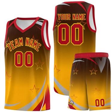 Imagem de Camiseta de basquete personalizada para homens mulheres jovens, shorts de basquete personalizados com logotipo do número do time, Amarelo e vermelho-27, Tamanho Único