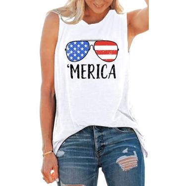Imagem de Camiseta regata feminina com estampa de óculos de sol com bandeira americana, casual, sem mangas, 4 de julho, Branco 3, G