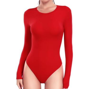 Imagem de HeyNuts Body feminino de manga comprida ultramacio de camada dupla, gola redonda, caimento justo, camiseta básica, Verdadeiro vermelho, PP