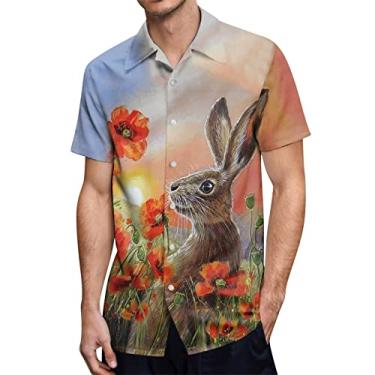Imagem de PKDong Camisa masculina de Páscoa, casual, havaiana, floral, manga curta, botões tropicais, praia, verão, blusa, Laranja, vermelho, P