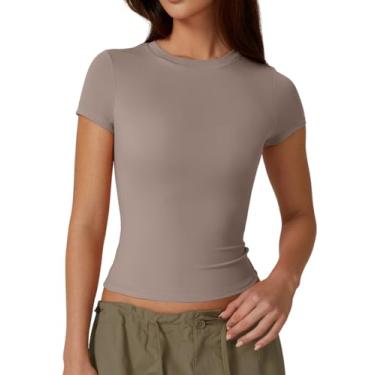 Imagem de QINSEN Camiseta feminina de gola redonda, manga curta, camada dupla, básica, caimento justo, Castanho-acinzentado, XXG