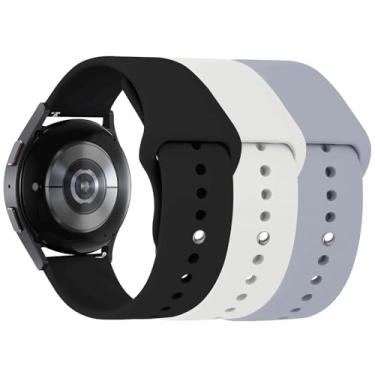 Imagem de Pacote com 3 pulseiras para Samsung Galaxy Watch 6/6 Classic Band 40 mm, 44 mm, 43 mm, 47 mm, Galaxy Watch 5/Galaxy Watch 4, pulseira esportiva de silicone macio de 20 mm para Amazfit GTS 4/3/2, preto/cinza/branco