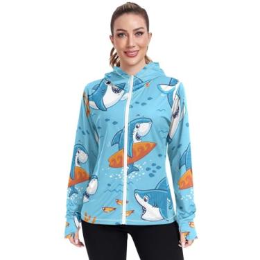 Imagem de KLL Moletom feminino com capuz de verão para mulheres, camisetas refrescantes com proteção FPS 50+, para mulheres, moderno, desenho de tubarão azul, fofo, Desenho de tubarão azul fofo, M