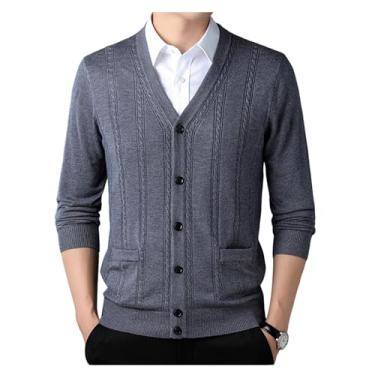 Imagem de Cardigã masculino de cor sólida, suéter de malha com gola redonda e bolso manga longa casual, Cinza, G