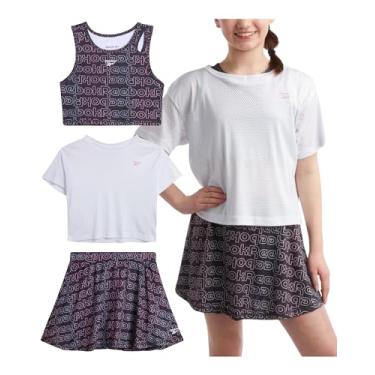 Imagem de Reebok Conjunto de saia ativa para meninas - camiseta de malha de desempenho de 3 peças, regata cropped e saia - conjunto esportivo para meninas (7-12), Preto, 7