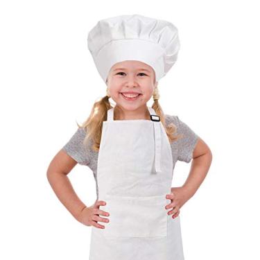 Imagem de CRJHNS Kids Apron and Chef Hat Set, Adjustable Cotton Child Aprons with Large Pocket White Girls Boys Kitchen Bib Aprons for Cooking Baking Painting