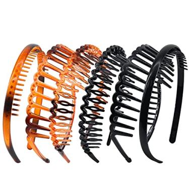 Imagem de Yeshan Pente de dentes para mulheres e meninas Zig Zag Shark Tooth Bands para cabelo feminino plástico antiderrapante preto e marrom Argolas de cabelo finas, pacote com 6