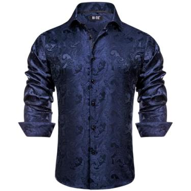 Imagem de Hi-Tie Camisas sociais masculinas de seda jacquard manga longa casual abotoada formal casamento camisa de festa de negócios, Azul marinho floral 1, XXG
