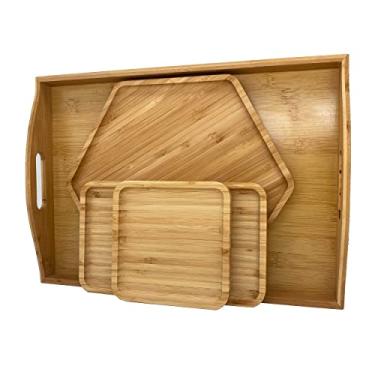 Imagem de PAFREWOG Bandejas de servir de bambu 42 x 30 cm com alça, o conjunto inclui 1 hexágono 32 cm + 1 retângulo 25 cm x 15 cm (5,9 pol) + 1 prato de jantar quadrado 15 cm tábua de corte de queijo