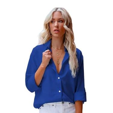 Imagem de Camisa feminina vintage casual manga longa abotoada lapela algodão linho ajuste solto, Azul escuro, M
