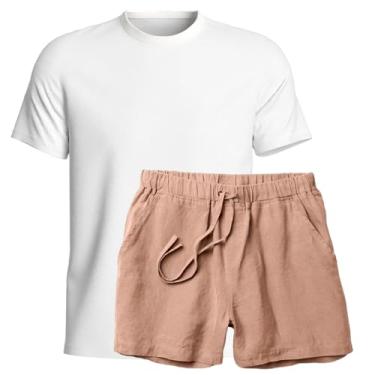 Imagem de Kit Conjunto Camiseta Algodao e Short Linho Bermuda Masculina Moda Praia Luxo (Branco e Bege, GG)