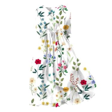 Imagem de Vestidos de primavera para mulheres 2024 Boho floral lapela gola botão casual evasê vestido de renda férias praia rodado vestido longo, Branco-h, GG