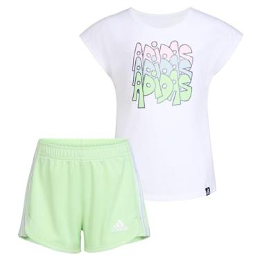 Imagem de adidas Conjunto de camiseta e shorts de ginástica para meninas, branco e verde primavera, 2T, Branco e verde primavera, 2 Anos