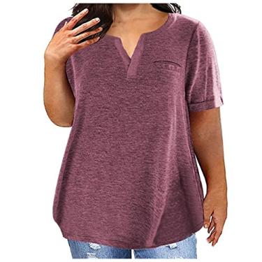 Imagem de PKDong Camiseta feminina plus size casual verão manga curta gola V cor sólida camiseta feminina solta moda camisetas com bolso, Vermelho violeta, G