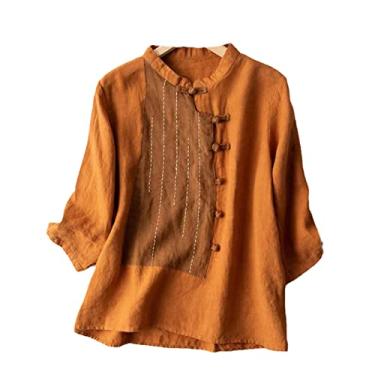 Imagem de Camisetas femininas de algodão linho casual verão primavera literária retrô tradições chinesas Tyle Hanfu camisetas femininas patchwork, H-804, GG