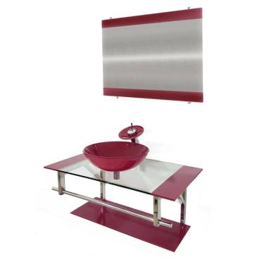 Imagem de Gabinete de Vidro 80cm Inox com Cuba Redonda Vermelho Cereja