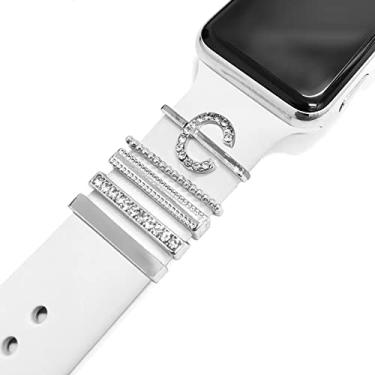 Imagem de 5 pçs amuletos para pulseira de relógio Apple 41 mm 45 mm 40 mm 44 mm feminino, diamante + metal joias anéis decorativos para iWatch série 7 6 5 4 3 se, Galaxy watch 4/clássico, pulseira de couro/silicone acessórios de charme