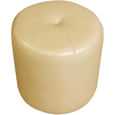Imagem de Banqueta redonda para sala de estar, banquinho redondo, pufe otomano, banco criativo para troca de sapatos, material de couro impermeável, moldura de madeira maciça, amarelo bege, 32 x 32 cm