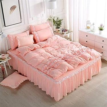 Imagem de ADSE Linda menina conjunto de cama 100% algodão capa de edredom de renda, cor sólida estilo europeu princesa renda babado conjunto de cama de algodão lavado lençol king com saia e fronha azu