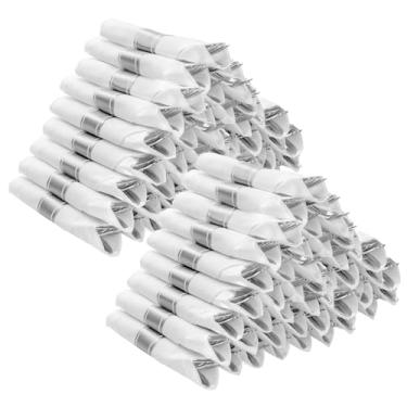 Imagem de BESTVIP Conjunto de talheres de plástico prata pré-enrolados, conjunto de talheres descartáveis embrulhados com 100 guardanapos, 100 facas, 100 garfos e 100 colheres para festa, aniversário