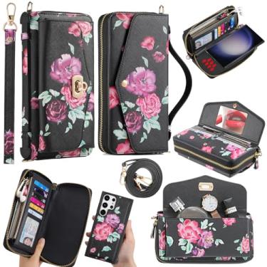 Imagem de Furill Capa carteira para Samsung Galaxy S24 Ultra 5G alça de ombro magnética removível floral couro PU pulseira espelho flip zíper capa de telefone para S24Ultra 24S S 24 24Ultra meninas preta