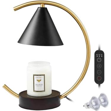 Imagem de Lâmpada aquecedora de velas com fragrância Lámpara com temporizador e 2 lâmpadas Aquecedor elétrico de cera Dowm com base de madeira retrô Candeeiro de mesa regulável para quarto para velas