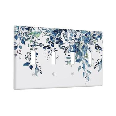 Imagem de Folhas de aguarela de eucalipto azul quádruplo interruptor de luz decorativa planta verde 4 gangs placa de parede placa de interruptor elétrico para quarto de criança banheiro quarto sala de estar decoração