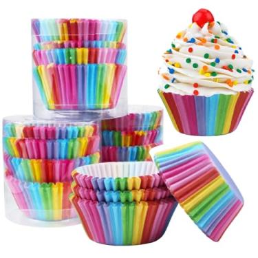 Imagem de 400 peças de forros de cupcake arco-íris de grau alimentício assado à prova de gordura forros de muffin de festa de aniversário embalagem de bolo de casamento