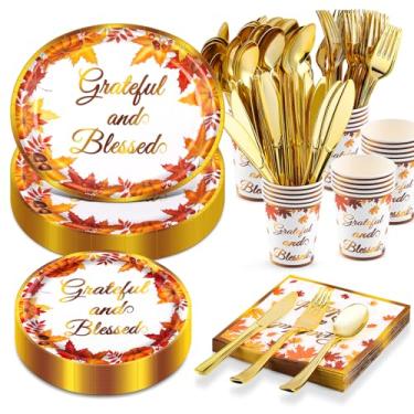 Imagem de Conjunto de pratos de papel de Ação de Graças de 175 peças - (25 convidados) com pratos ovais de 25 x 30 cm e pratos de papel de 23 cm, guardanapos, copos, garfos, facas, colheres para suprimentos de