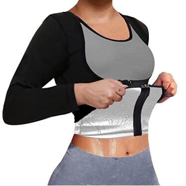 Imagem de TOPELLER Terno para sauna feminino moletom modelador de corpo jaqueta cintura quente treinador manga longa zíper camisa treino (prata, médio)