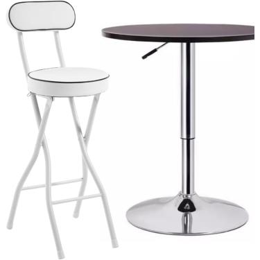 Imagem de Banco de bar dobrável redondo branco de 60 cm, cadeira alta dobrável para cozinha portátil de 75 cm com encosto e apoio para os pés, banco dobrável para adultos para café, assento de bar de