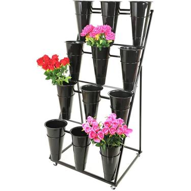Imagem de Suporte de exibição de flores em escada com baldes, suporte para plantas rolantes sobre rodas, prateleira interna para carrinho de flores ao ar livre para florista, jardim, pátio, balde pret