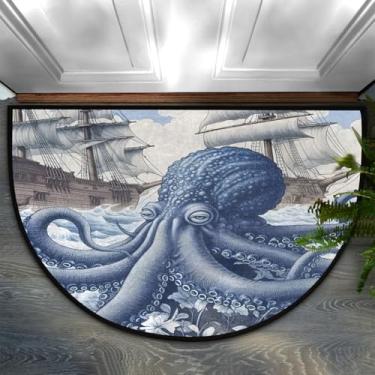 Imagem de Tapete de área antiderrapante meio redondo, polvo náutico azul enorme oceano Kraken tapetes de porta tapete de entrada interior para cozinha, sala de estar, banheiro, 91 x 61 cm