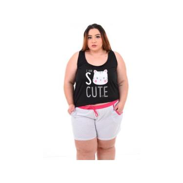 Imagem de Baby Doll Plus Size Malha Pijama Regata Confortável - WLS Modas, Preto