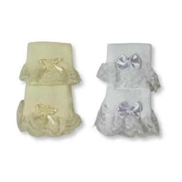 Imagem de Kit c/ 2 Meia Infantil Menina Renda e Laço Zulekinha, M, Marfim