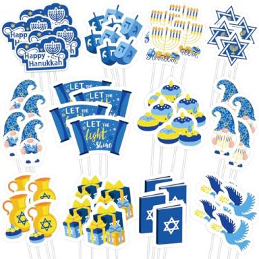 Imagem de Whaline 48 peças Happy Hanukkah Cupcake Topper Menorah Star Gnomo Cupcake Picks Blue Chanukah Food Picks para decoração de bolos suprimentos de festa