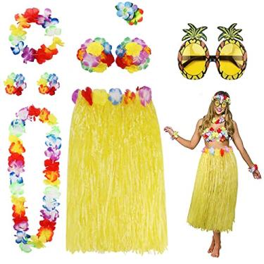 Imagem de PHOGARY Kit de acessórios de fantasia de saia Hula para festa do Havaí Luau - Hula dançante com parte superior de biquíni floral, Lei havaiana, clipe de cabelo de hibisco, óculos de sol de abacaxi para mulheres (Amarelo)
