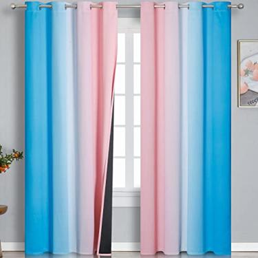 Imagem de Cortinas blecaute rosa e azul 213 cm de comprimento, padrão de linha ombré e ondulada, cortinas blackout com isolamento térmico gradiente para quarto, cortinas com bloqueio de luz total para quarto