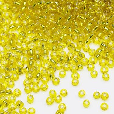 Imagem de Bala&Fillic Contas de semente de 3 mm com forro de prata amarelo, cerca de 3600 peças/100 gramas no saco, 8/0 contas de vidro para artesanato para fazer pulseira e colar (amarelo forrado com prata)