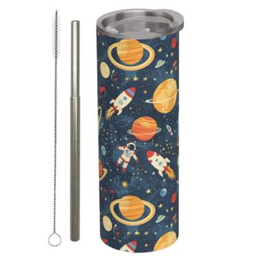 Imagem de amepay Copo isolado de aço inoxidável Space Adventure com tampa - Caneca de viagem de foguete de astronauta de 590 ml, canudo e escova de metal reutilizável, copo de garrafa a vácuo de parede dupla