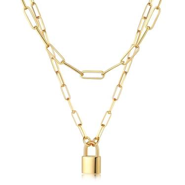 Imagem de TEN MIRO Colar de corrente de clipe de papel banhado a prata delicado para mulheres com pingente de cadeado que não mancha, moderno, grosso, com clipe de papel, duas camadas, colares, pilhas, Latão,