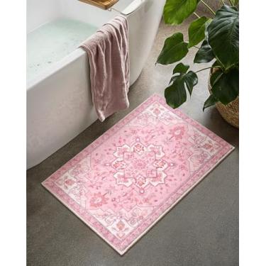 Imagem de Seavish Tapetes de banheiro rosa vintage, 45,7 x 66 cm, boho tribal, tapete de banho para o chão do banheiro, veludo macio, com detalhes pequenos, antiderrapantes, laváveis para pia de cozinha