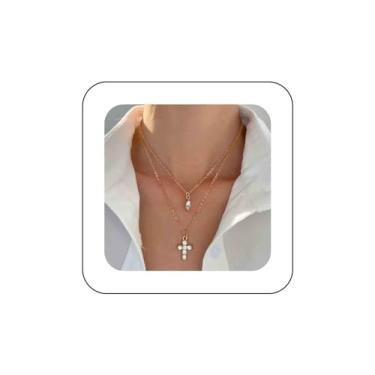 Imagem de Sttiafay Colar Boho em camadas com cruz e pingente de cruz de strass, colar de cruz de cristal, ouro, crucifixo, religioso, joia para mulheres, Pedra Metal