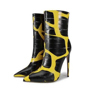 Imagem de Rock88 Salto agulha feminino médio alto, bico fino, zíper lateral, botas de couro de camurça leopardo macias e confortáveis para um ano inteiro, amarelo, 41