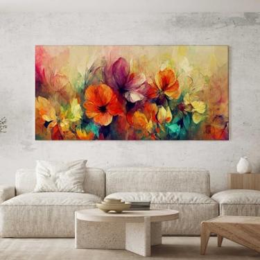 Imagem de Quadro Decorativo para Sala Quarto Hall 100x50 Abstrato Flores Coloridas Horizontal Grande Decoração Parede Tela