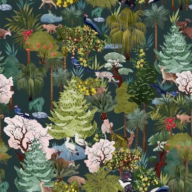 Imagem de Papel de parede de plantas de animais da floresta descasque e cole coelhos raposa esquilo coruja verde ouriço folha autoadesivo removível fácil de descascar papel de contato floral adesivo no papel de