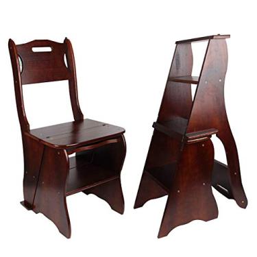 Imagem de SHGAO Cadeira de Escada Dobrável de Madeira para Biblioteca, 2 Em 1, Banco de Degrau Multifuncional Portátil Leve, Banco de 4 Degraus, Escadas de Dupla Finalidade, Suporte de Expos (, Noz Escura)