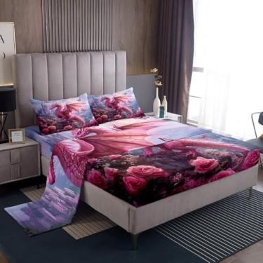Imagem de Manfei Jogo de lençol casal com dragão ocidental, decoração de quarto de meninos, flores rosa, borboleta, castelo de princesa, animal, 3 peças (1 lençol com elástico + 1 lençol de cima + 2 fronhas)