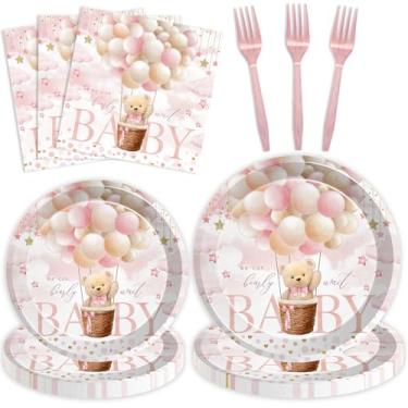 Imagem de Joliaco 96 Pcs Girl Bear Baby Shower Party Tableware Set Pink Hot Balloons Bear Disposable Paper Plates and Napkins We Can Bearly Wait Baby Shower Party Supplies for 24 Guests (Pink)